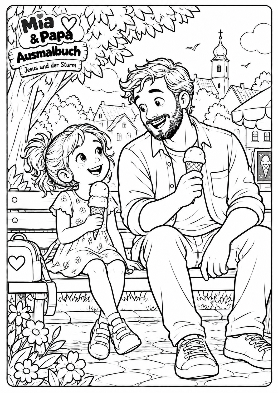 Mia und Papa essen gemeinsam Eis im Park