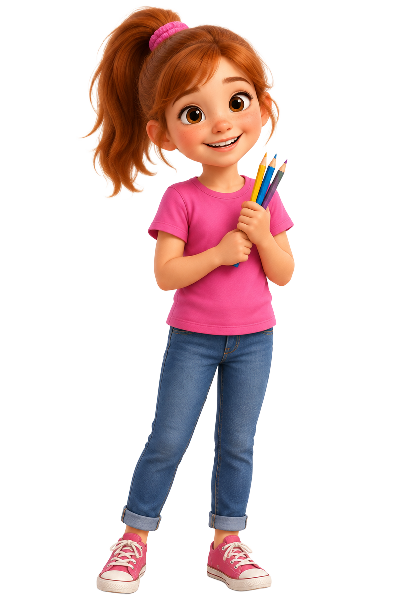 Mia, ein fröhliches Mädchen mit rotem Pferdeschwanz und pinkfarbenem Shirt, hält Buntstifte in der Hand