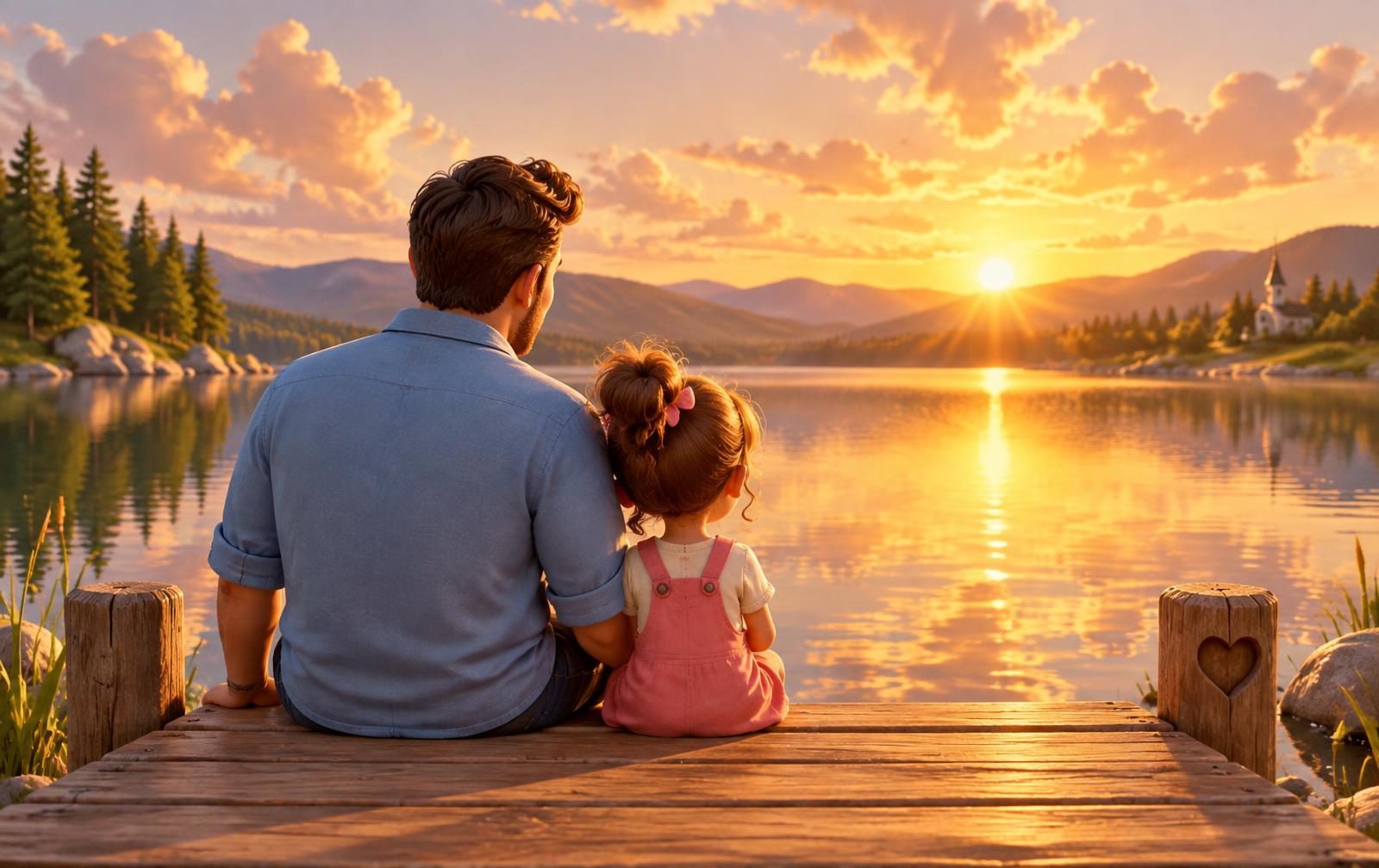 Mia und ihr Papa am See bei Sonnenuntergang