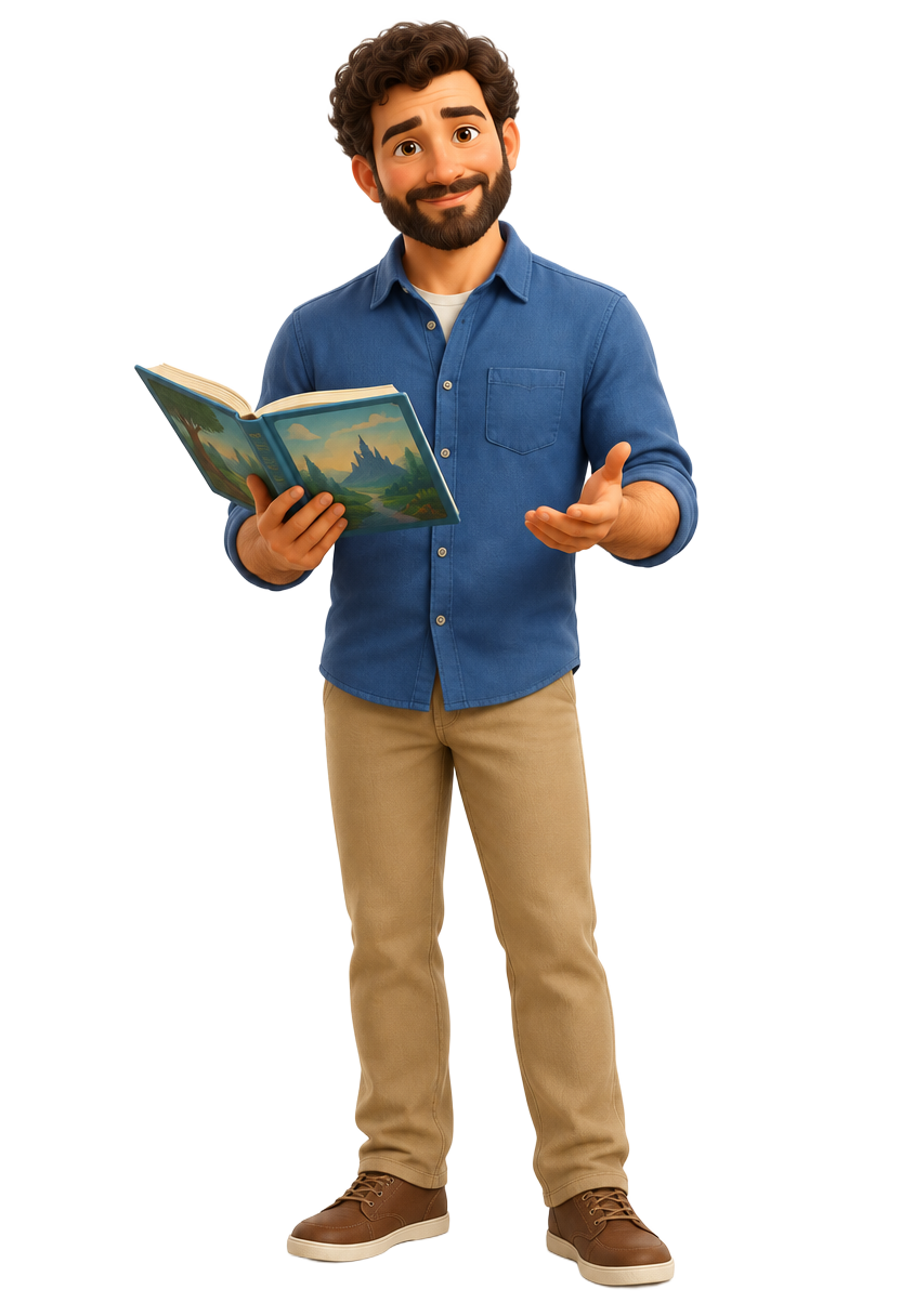 Papa, ein freundlicher Vater mit braunem Lockenhaar und Bart im blauen Hemd, hält ein aufgeschlagenes Buch